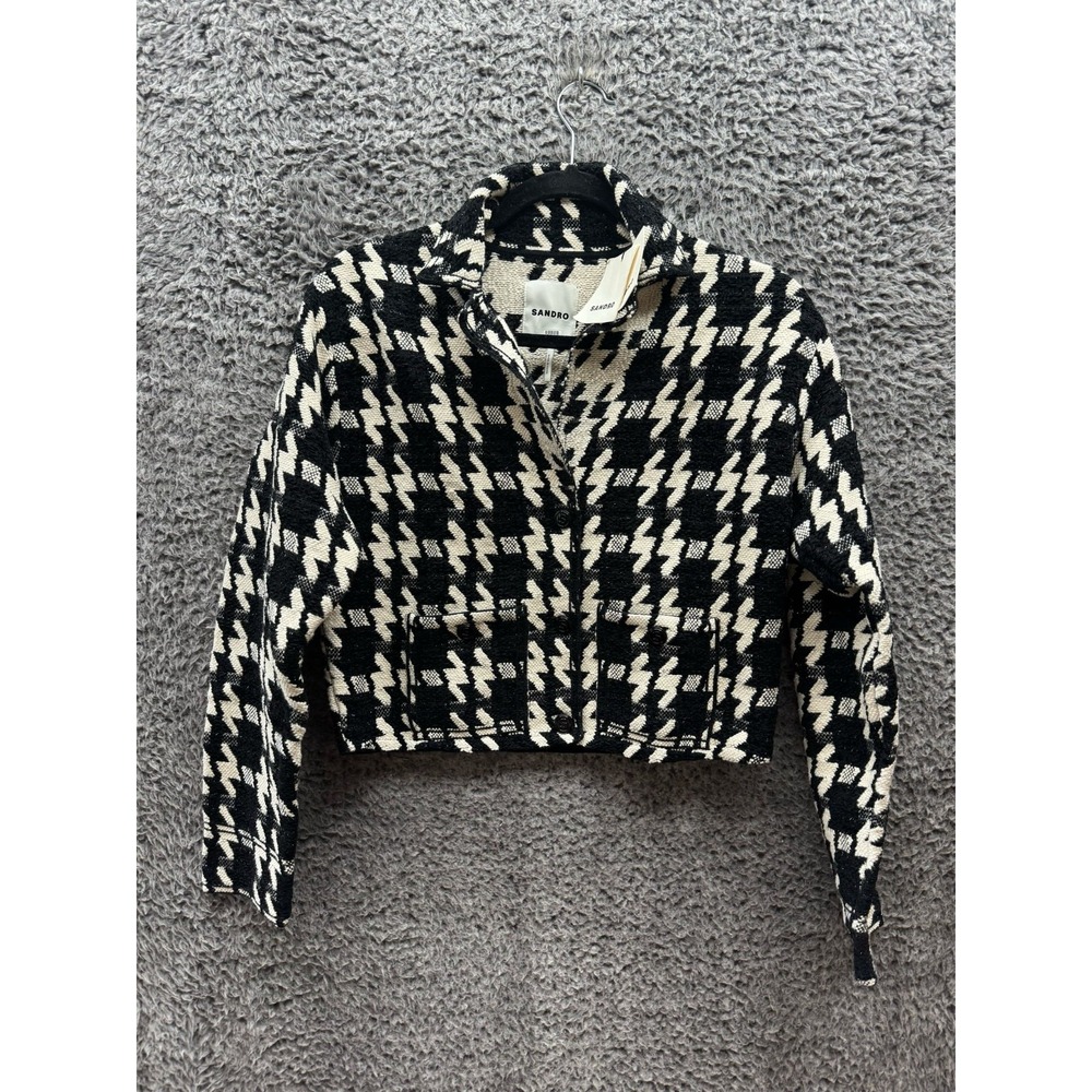 Sandro Bree Jacquard Houndstooth Long Sleeveβ Short Coat Black Womens Size 1